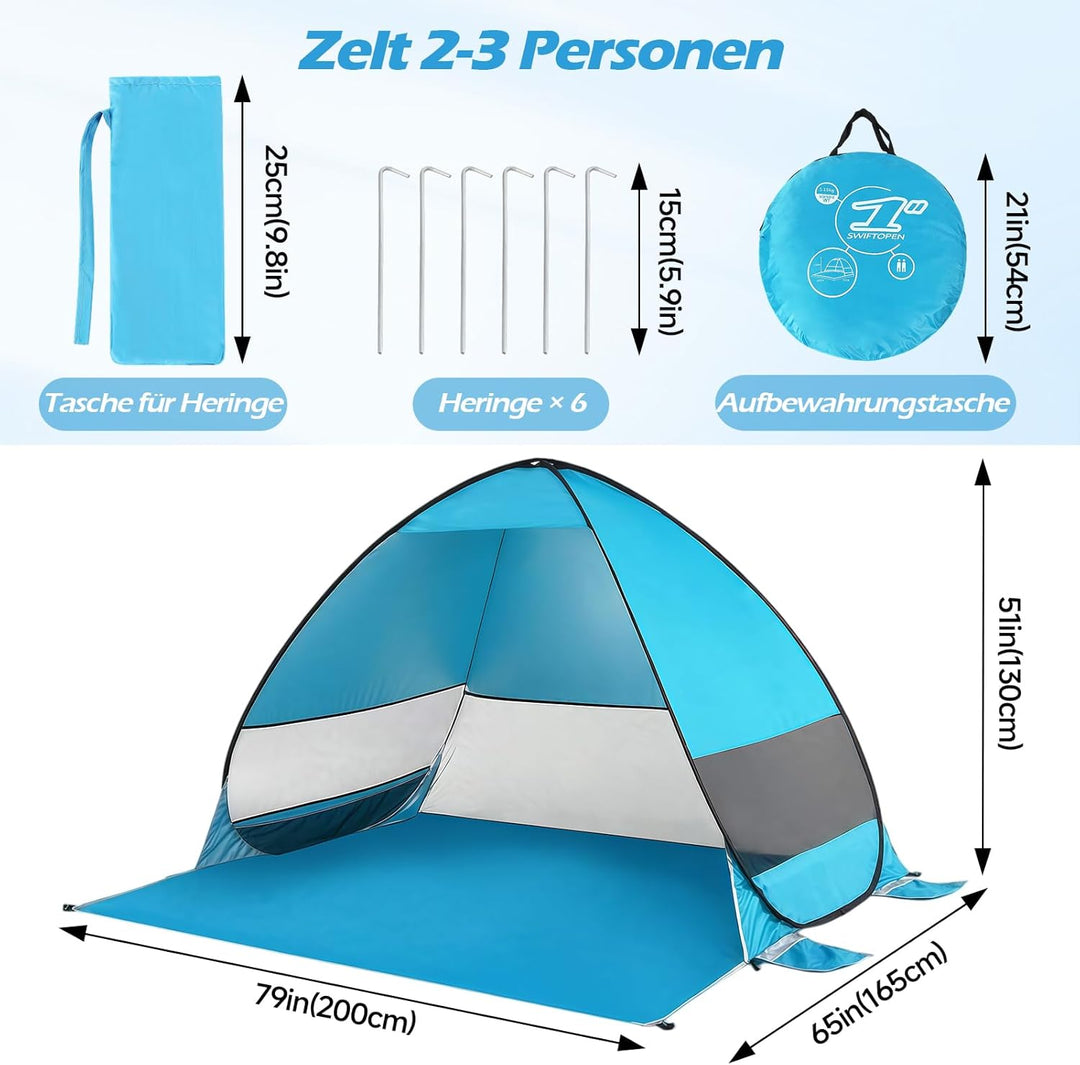 W&amp;H Strandmuschel Pop Up,UV Schutz 50+,Strandzelt für 2-3 Personen inkl. Tragetasche und Heringe,200