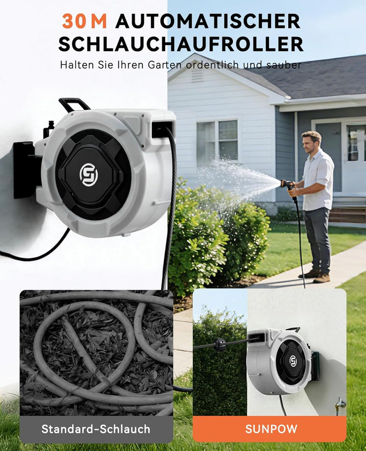 SUNPOW automatische Schlauchtrommel Wasser – 13mm x30m mit Gartenschlauch, zur Wandmontage, 10-Funkt