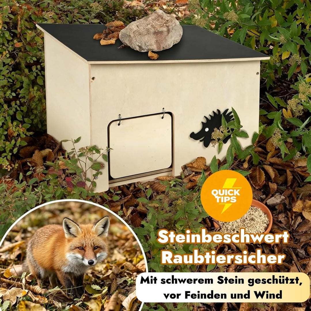 Grosses Igelhaus mit Rattenklappe Winterfest, Holz Igelhotel für Winterschlaf und Sommer-Unterschlup