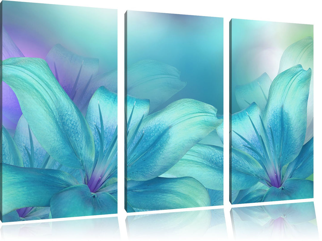 Pixxprint türkise Lilien als Leinwandbild | Grösse: 3 Teilig (120x80) | Wandbild| Kunstdruck | ferti