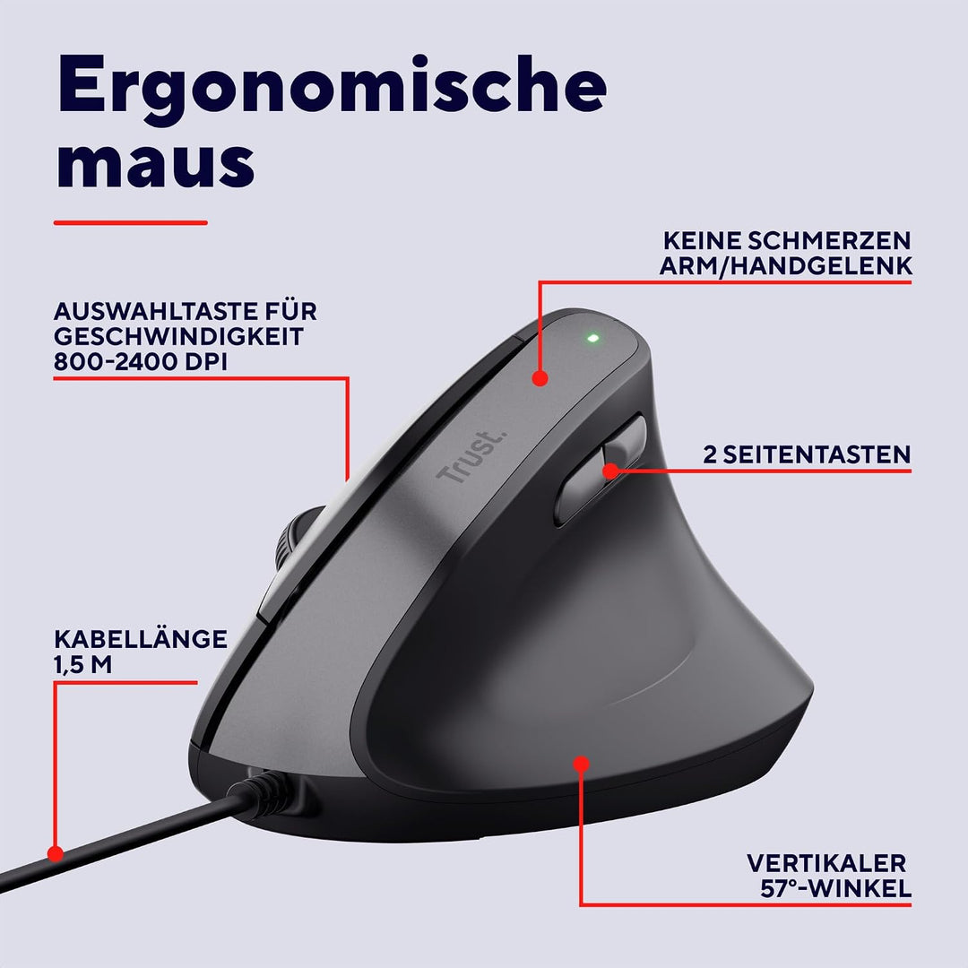 Trust Yuno Vertikale Maus, Ergonomische Maus für Rechtshänder, Vorbeugung Gegen Mausarm/Tennisarm (R