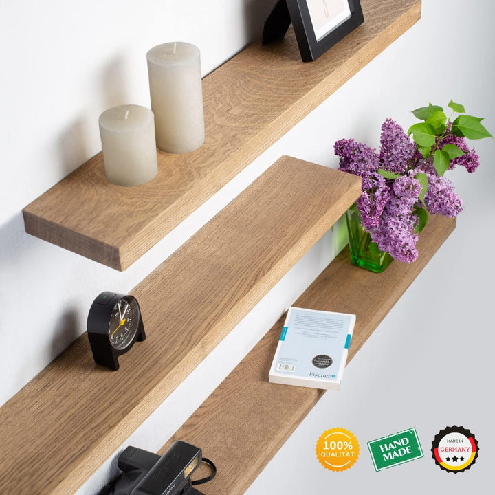 Rikmani Wandregal Holz Eiche massiv dunkel - Handgefertigtes Regal Bücherregal Holzregal Wandboard H