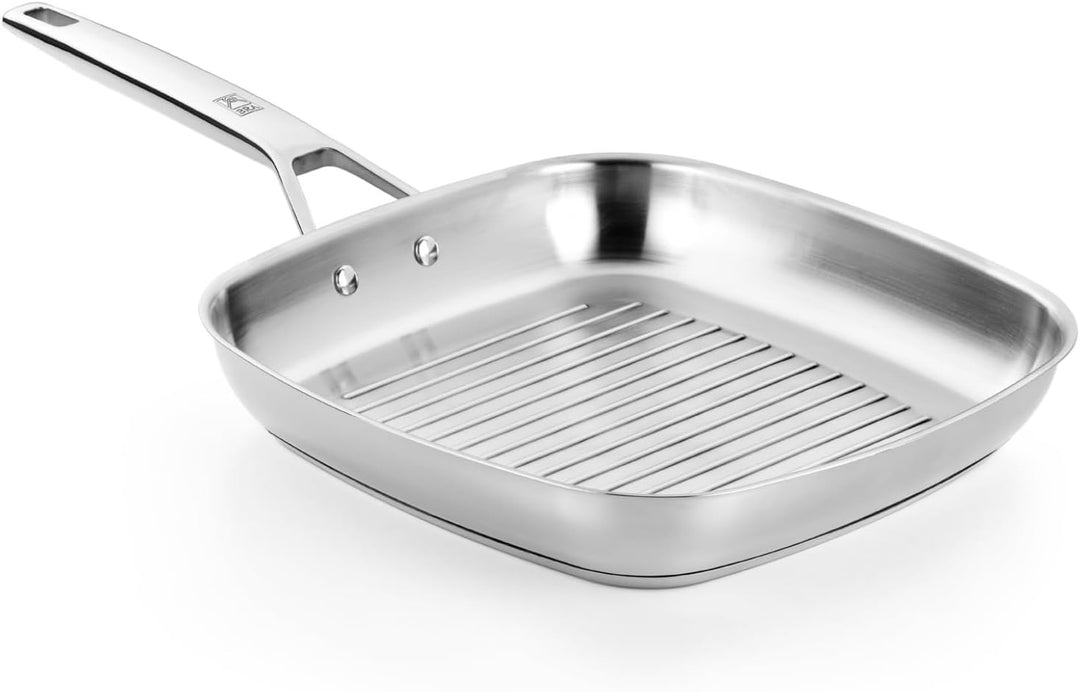 BRA Signature Grillpfanne mit Rillen, 28 cm, aus Edelstahl, ohne Antihaftbeschichtung, ergonomischer