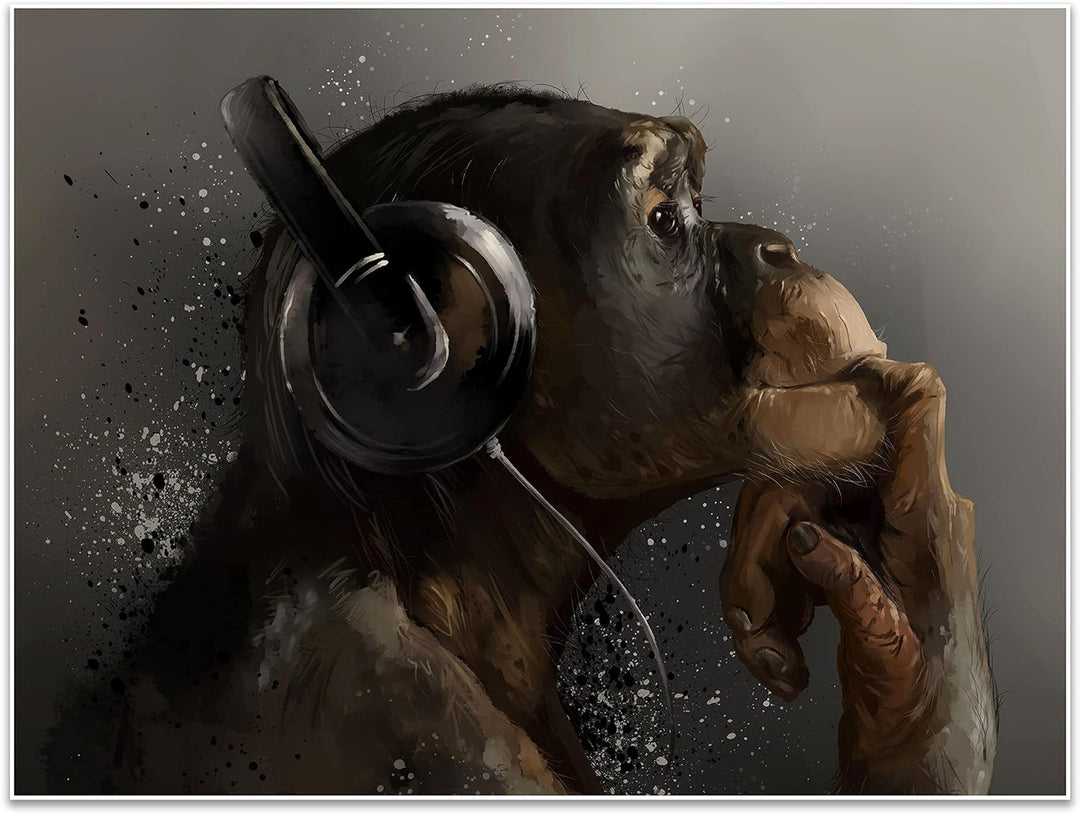 wandmotiv24 Poster als Wanddeko, Grösse 80x60cm, AFFE mit Kopfhörer, Headset, Musik, Tiere, Affen, M