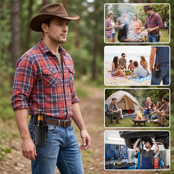Biergürtel aus PU Leder, Bierhalter zum Befestigen am Gürtel, Tragbarer Bierholster im Cowboy-Design
