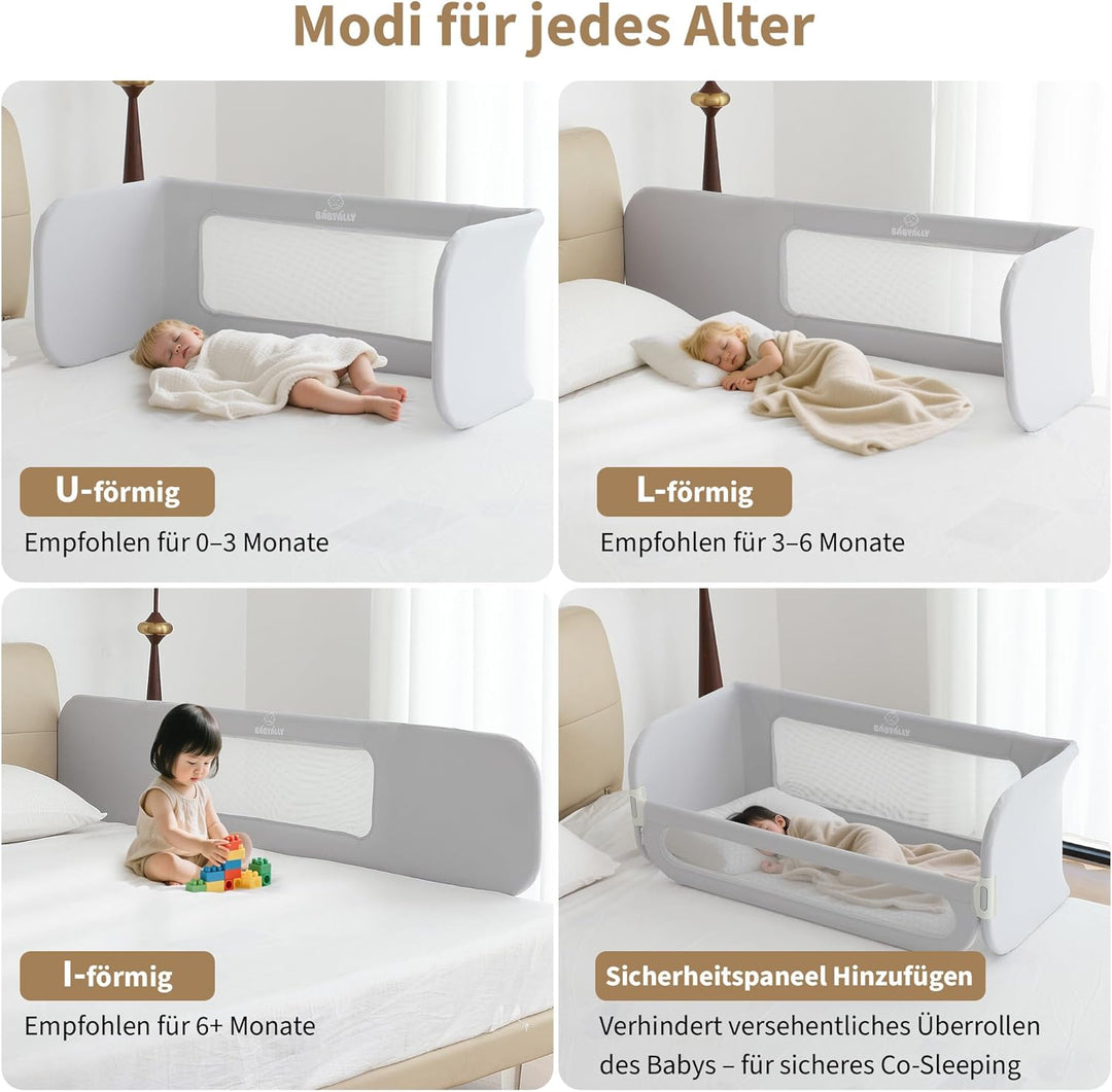 Rausfallschutz Bett Reise 185cm, 2-IN-1 Funktion als Baby Beistellbett und Bettgitter Baby, Rausfall