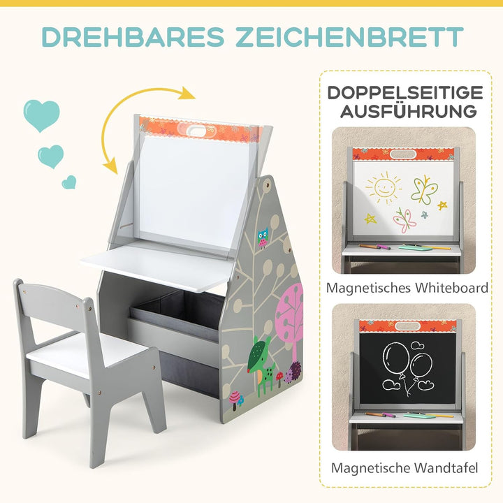 GOPLUS Kinderstaffelei Spieltisch mit Stuhl, Kindertisch und Stuhl-Set mit drehbarer doppelseitiger