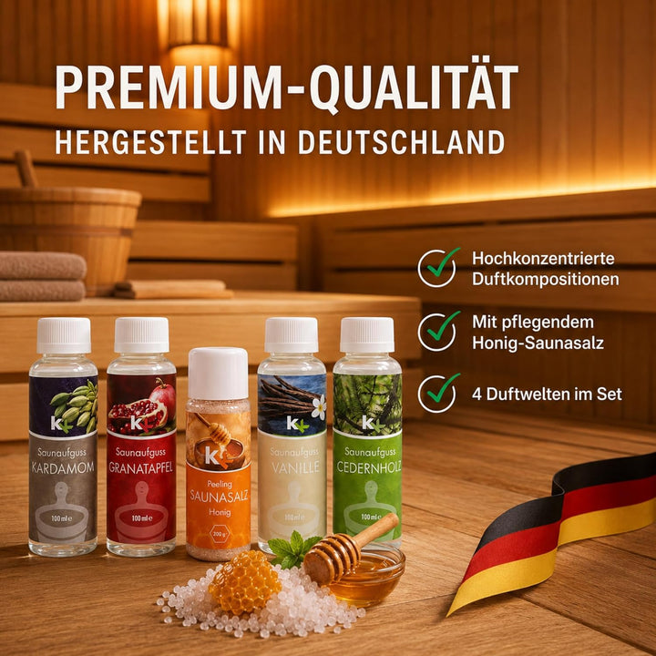 KK Sauna -Set mit Salz Peeling | KK Saunaaufgussset"Orient" 4 x 100 ml + 200 g KK Saunasalz"Honig" |