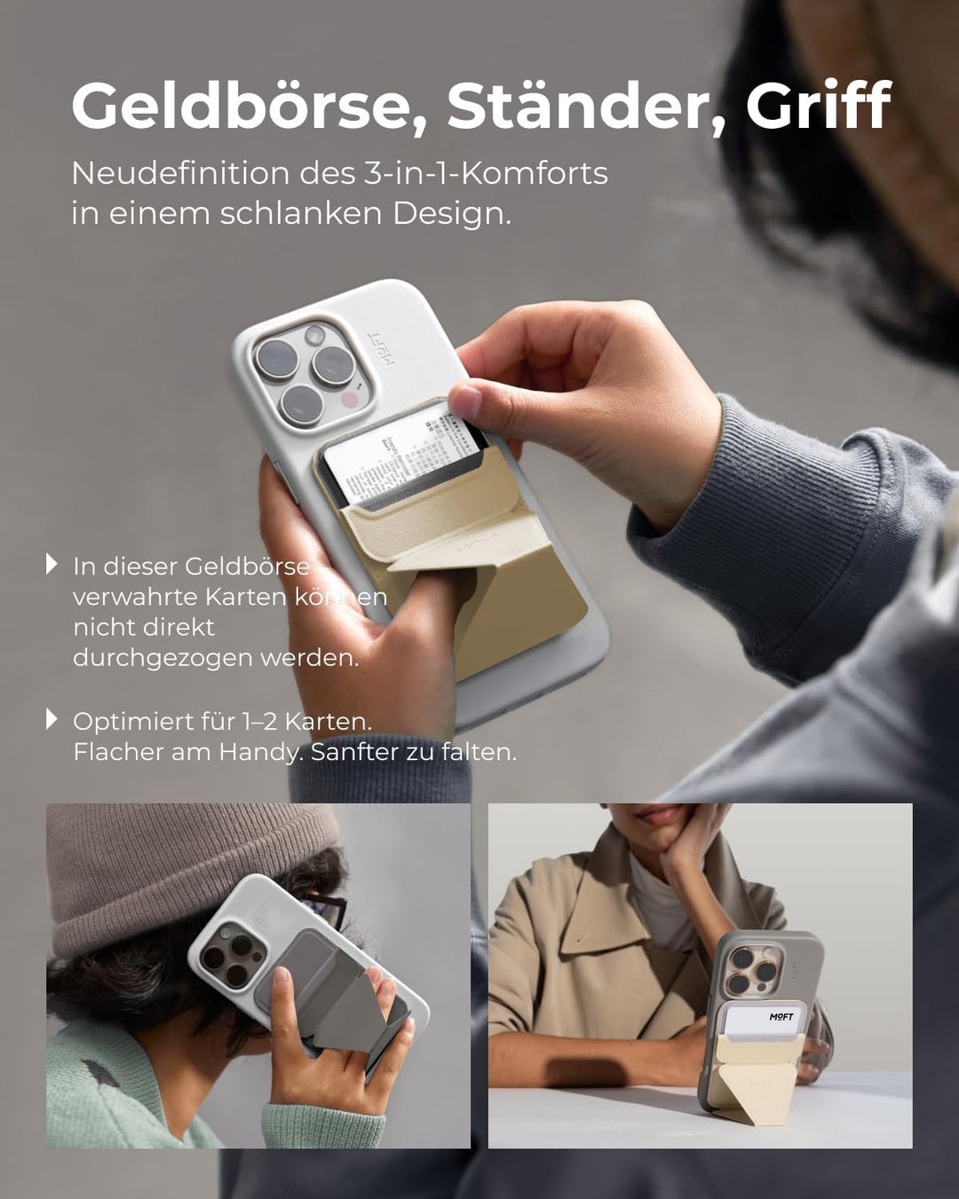 MOFT Magnetische Wallet Ständer für iPhone 15/14/13/12 Serie Kompatibel mit MagSafe, MOVAS Vegan Led