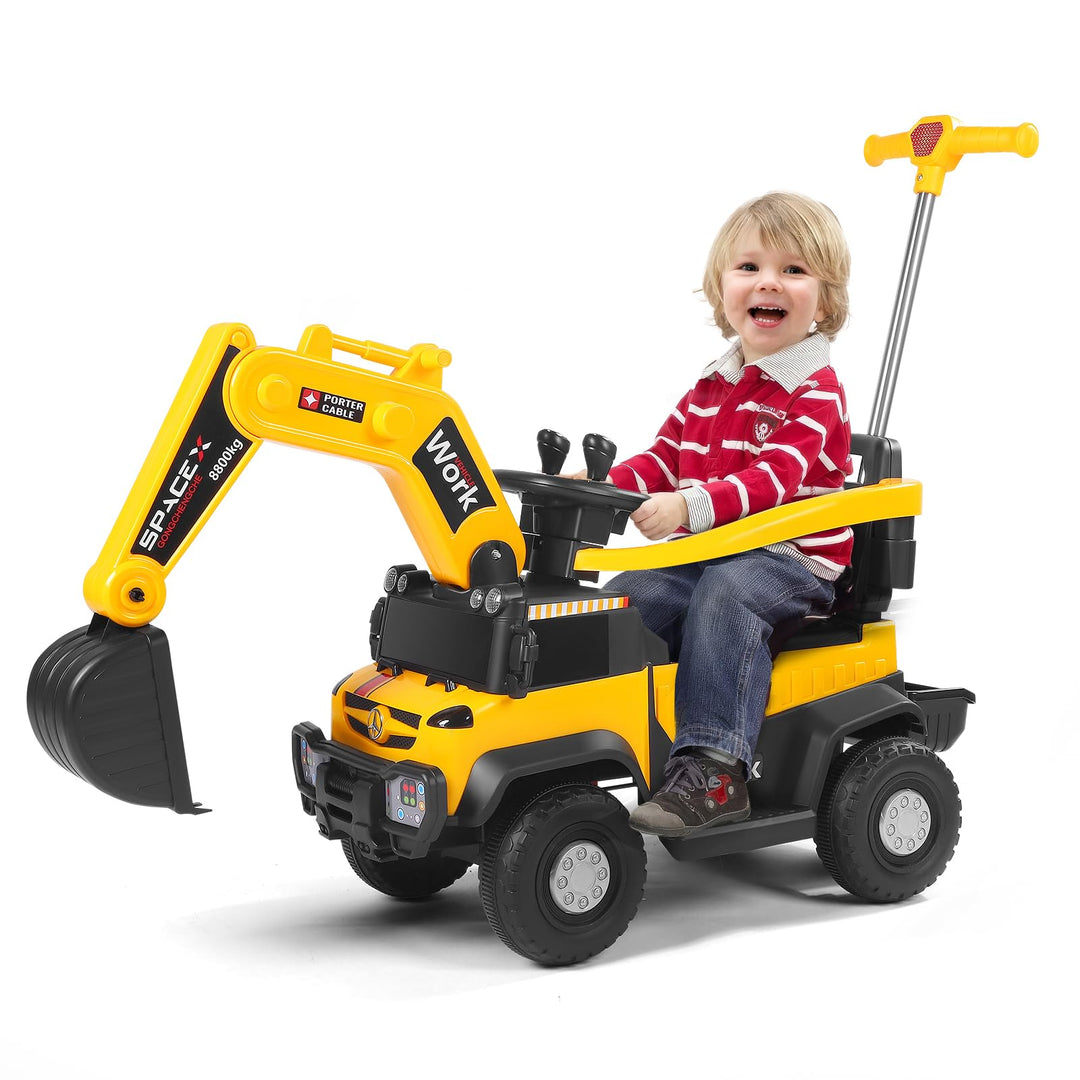 12V Kinder Sitzbagger mit 360 ° drehbarer und Verstellbarer Schaufel, Kinderbagger mit Stauraum unte