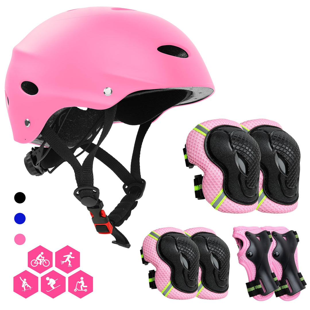 FAYITING Kinder-Schutzausrüstung, 7-in-1-Helm-Set, Knie Handgelenk und Ellbogenschützer für Skateboa