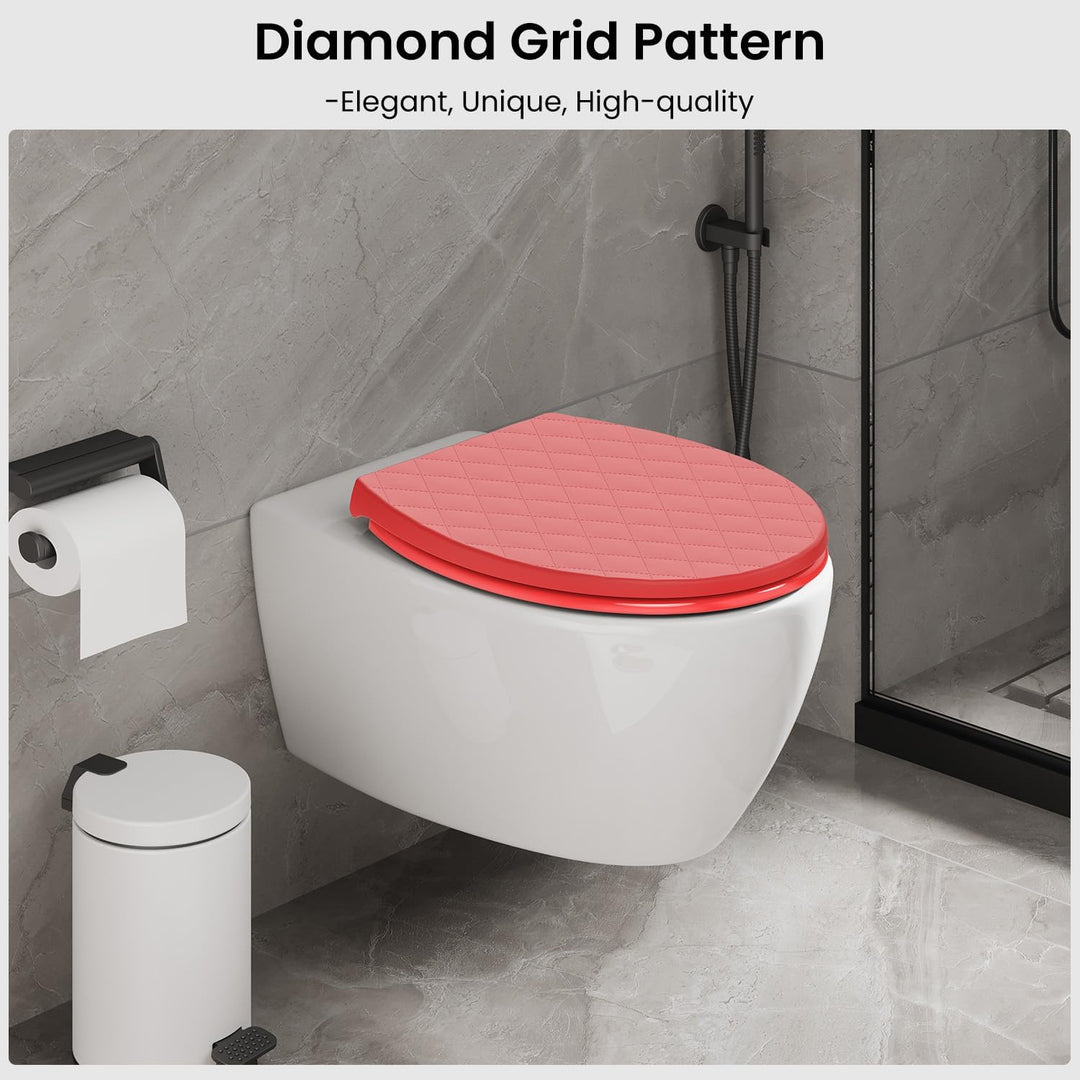 Toilettendeckel mit Absenkautomatik Oval Rot, WC Sitz mit Rauten, Klobrille mit Schnellverschluss, K