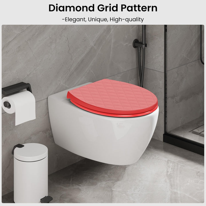 Toilettendeckel mit Absenkautomatik Oval Rot, WC Sitz mit Rauten, Klobrille mit Schnellverschluss, K