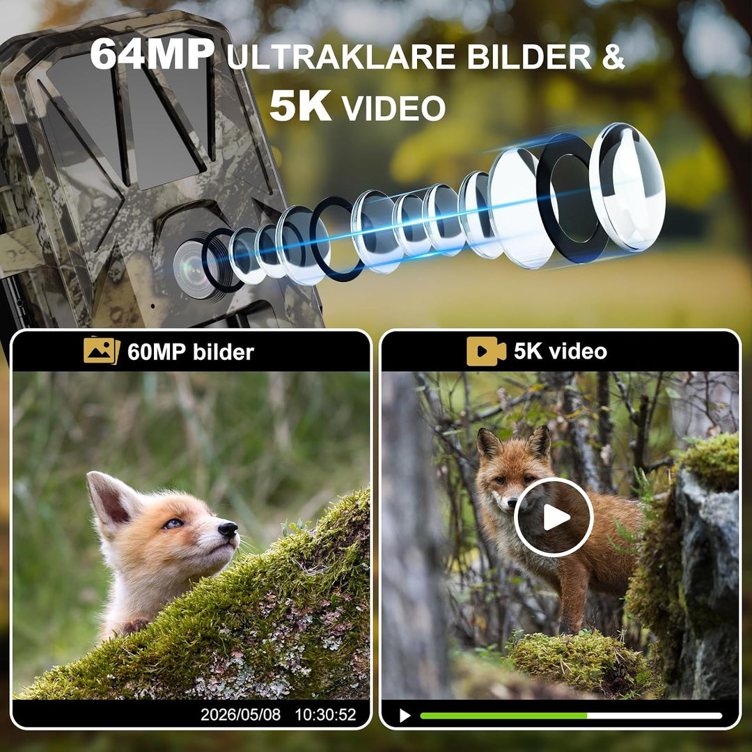 Wildkamera WLAN 5K/64MP mit Wiederaufladbare 10000mAh Akku | Wildtierkamera Solar, Handyübertragung