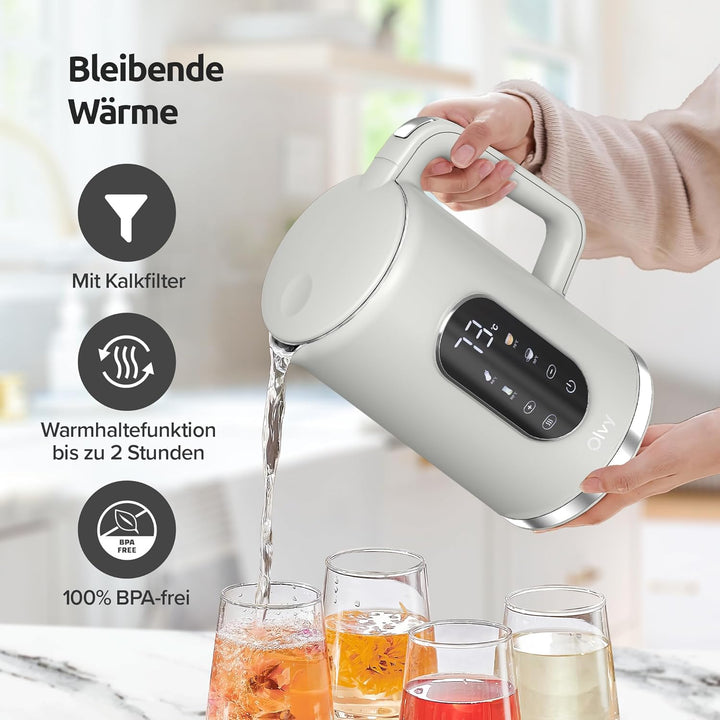 Olvy Elektrischer Wasserkocher 1,7L mit Temperaturkontrolle – Schnellkochender Edelstahl Heisswasser