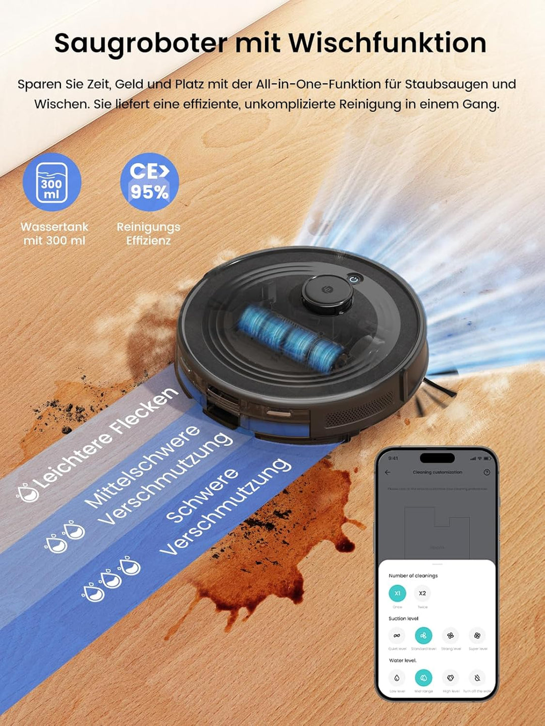 LEFANT M2Pro Staubsaugerroboter, 5500Pa Saugroboter mit Wischfunktion mit Auto Staubabsaugung, Staub