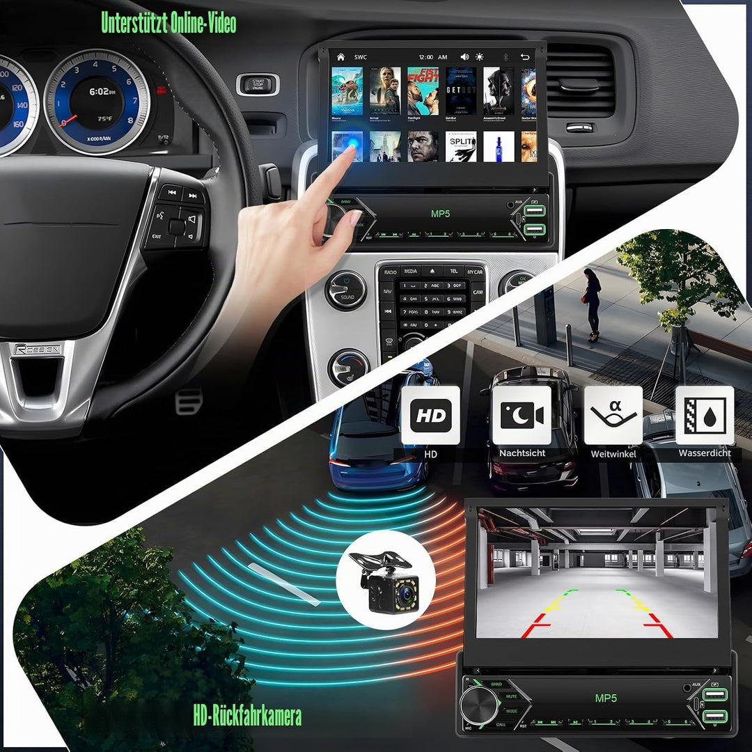 CAMECHO Autoradio 1 Din Wireless Carplay 7 Zoll IPS Touchscreen mit Rückfahrkamera, Bluetooth Radio