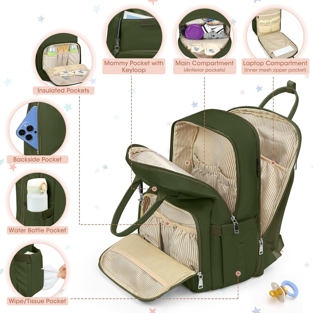 RAINSMORE Baby Wickelrucksack Gross Wickeltasche Rucksack mit Kinderwagengurten und Wickelunterlage