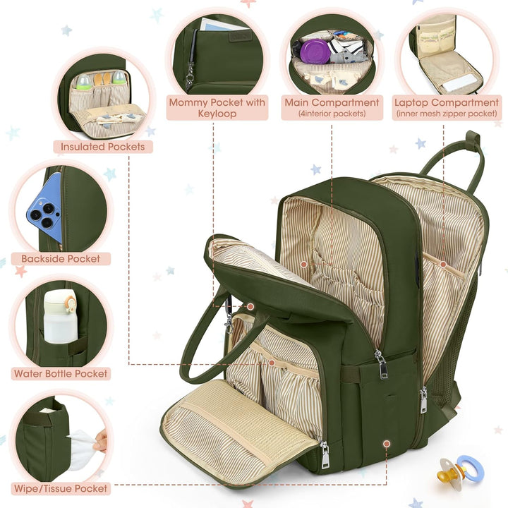 RAINSMORE Baby Wickelrucksack Gross Wickeltasche Rucksack mit Kinderwagengurten und Wickelunterlage