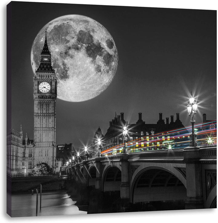Pixxprint Big Ben vor dem Mond in London schwarz/weiss, Format: 70x70 auf Leinwand, 70x70