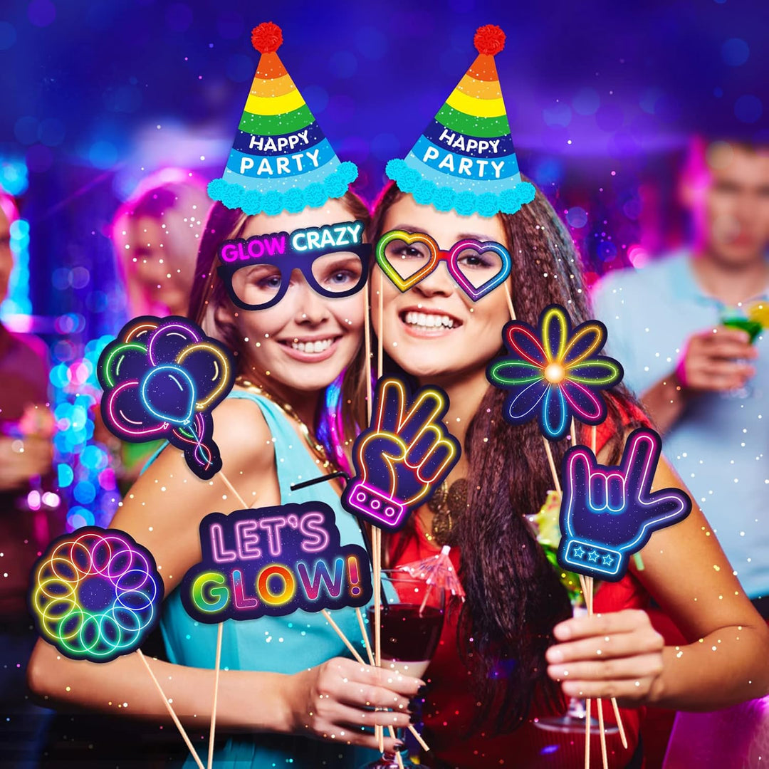33 Stück Fotobox Accessoires Neon Party Deko mit Aufblasbare Instrumente Set für Geburtstag, Karneva