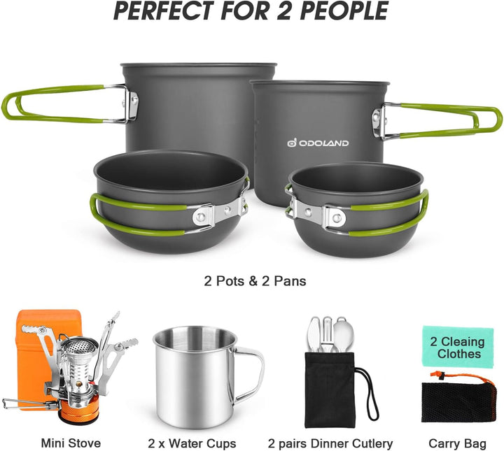 Odoland Camping Geschirr Set 16 PCS für 2 Personen Outdoor Kochgeschirr aus Aluminium und Edelstahl