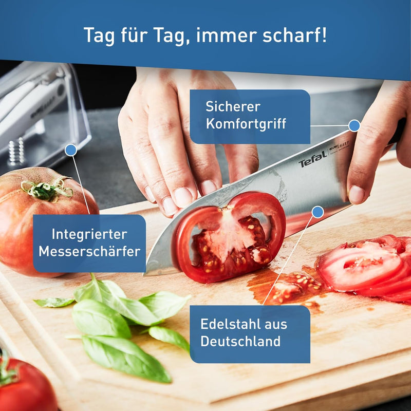 Tefal K25790 Eversharp Santokumesser + Messerschärfer | 16,5 cm | integriertes Schleifsystem | Allro