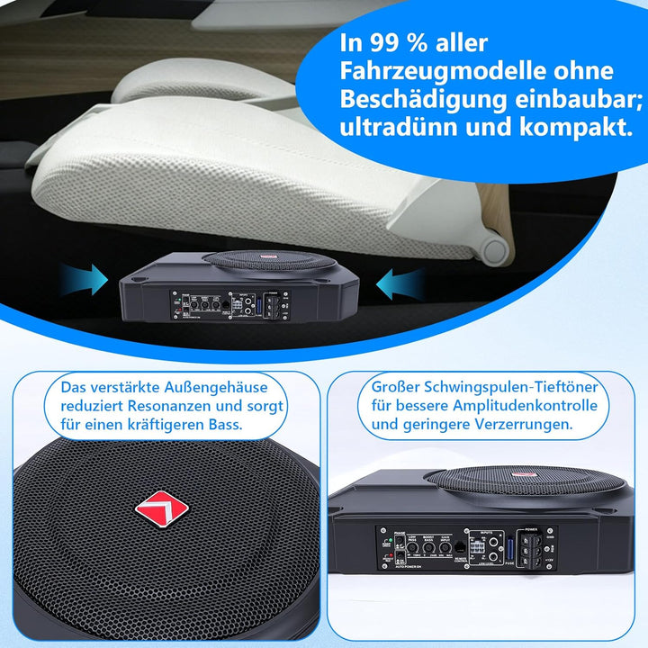 VINGVO Subwoofer Auto,10Zoll 800W Aktiv Subwoofer Für Auto,2.6 Ohm Ultra Flach Untersitz Subwoofer A