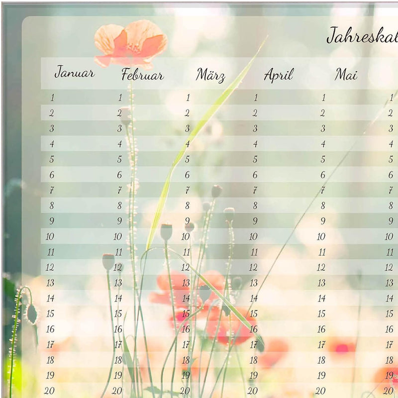 banjado® Wandkalender abwischbar aus Glas 90x60 cm/Jahresplaner abwischbar mit Motiv Mohnblumen/lang