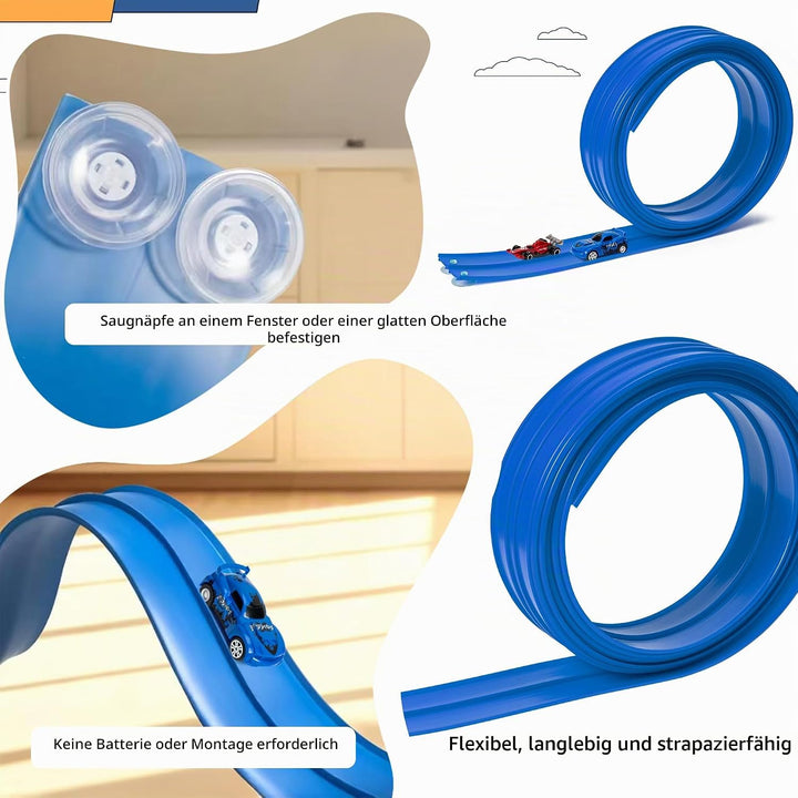 GROBRO7 Flexible Autorennbahn Kinder Spielzeugauto, 5M Dual Rennstrecke Rampen mit 4 Race Car, Rolls