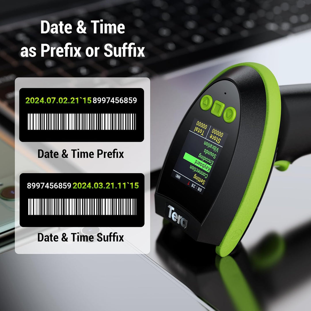 Tera Barcode-Scanner Wireless 2D mit Ständer: Pro-Version mit digitalem Einstellungsbildschirm und T