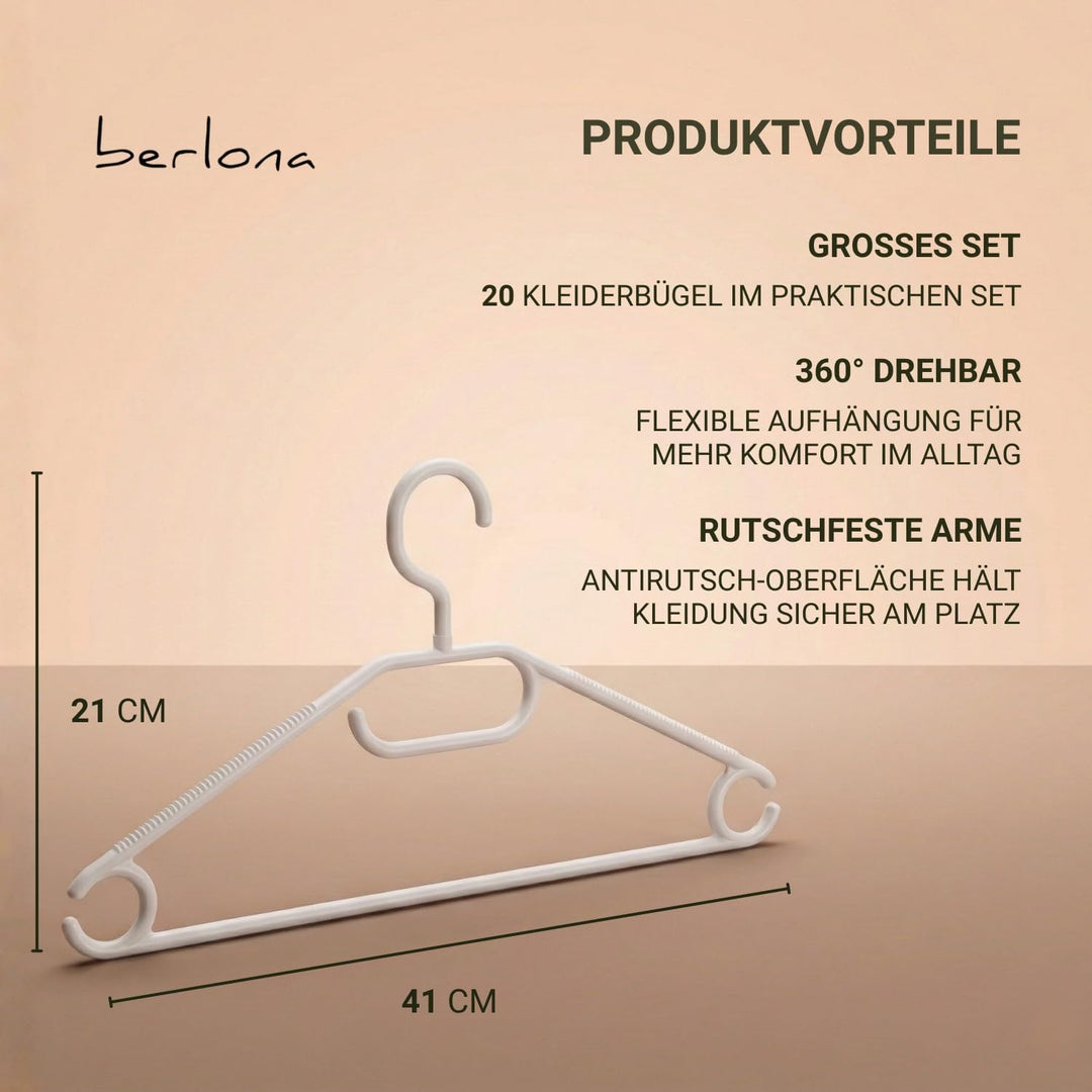 Kleiderbügel mit 360° drehbarem Haken | 20 Stück rutschfeste Kunststoffbügel | Platzsparendes Design