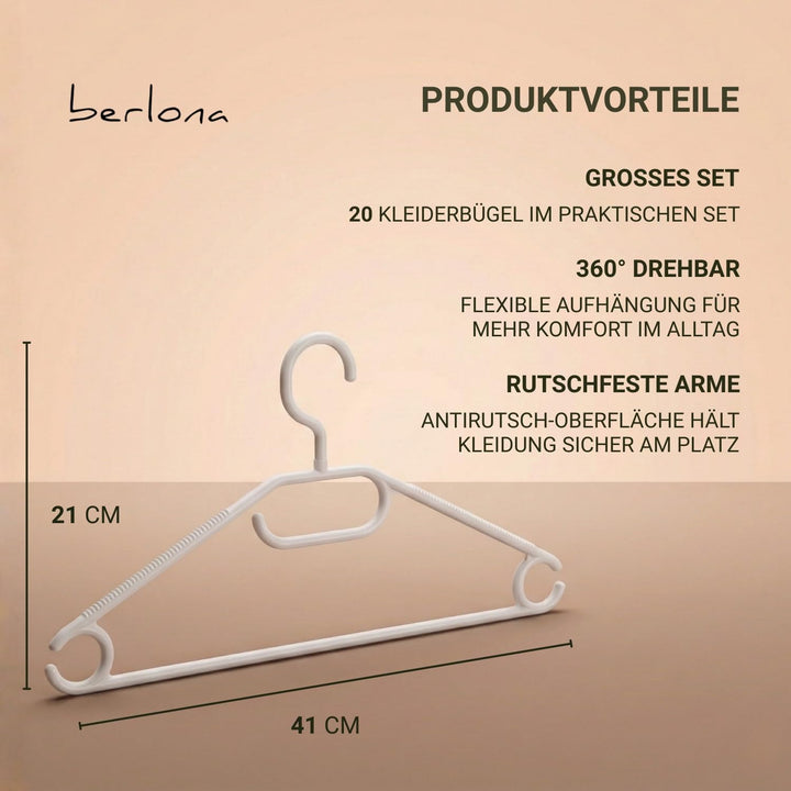 Kleiderbügel mit 360° drehbarem Haken | 20 Stück rutschfeste Kunststoffbügel | Platzsparendes Design