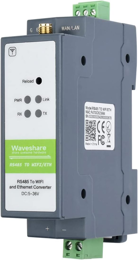 Waveshare RS485 to WiFi/Ethernet Module Rail-Mount Serial Server Modbus MQTT Gateway Supports Transp