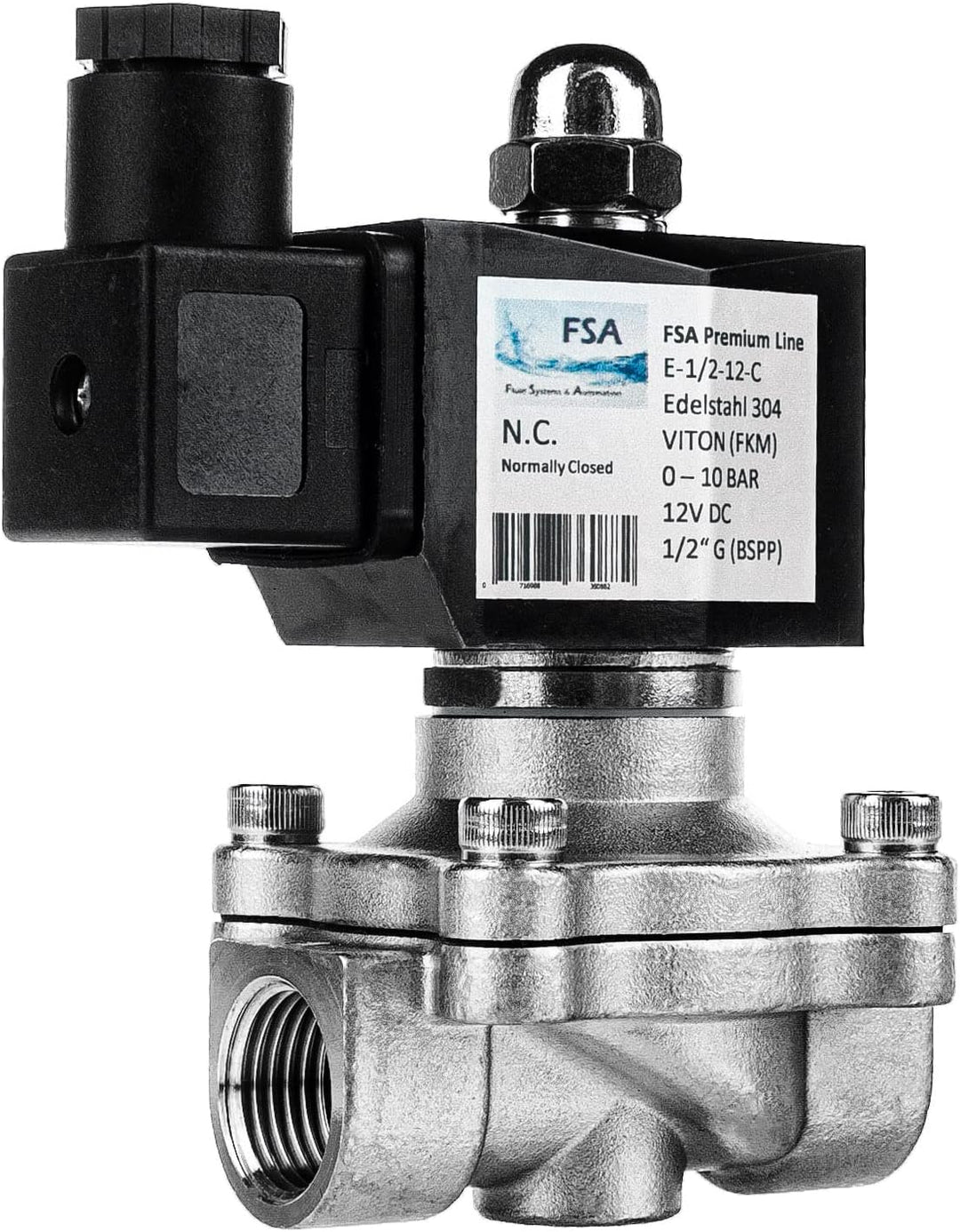 FSA Magnetventil Edelstahl 304 1/2" 12V DC 0-10 bar Viton stromlos geschlossen, 1/2" 12v DC