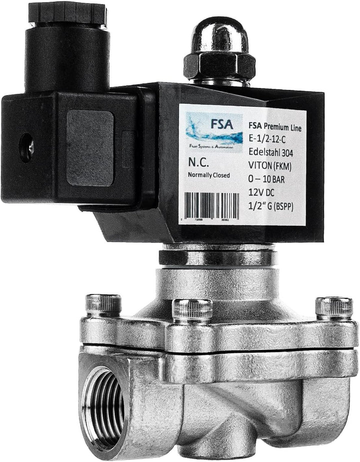 FSA Magnetventil Edelstahl 304 1/2" 12V DC 0-10 bar Viton stromlos geschlossen, 1/2" 12v DC