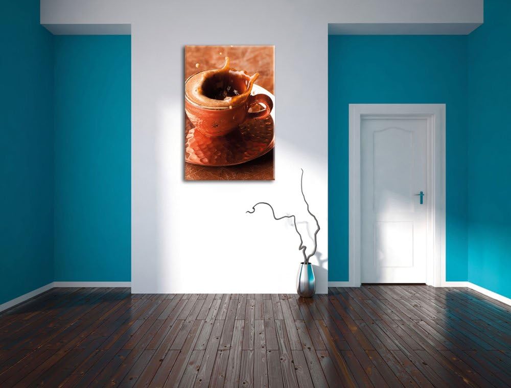 Kaffee spritzt aus Tasse, Format: 100x70 auf Leinwand, XXL riesige Bilder fertig gerahmt mit Keilrah