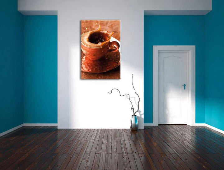 Kaffee spritzt aus Tasse, Format: 100x70 auf Leinwand, XXL riesige Bilder fertig gerahmt mit Keilrah