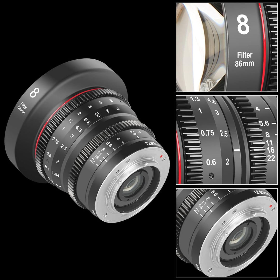 MEKE 8 mm T2.9 grosse Blende manueller Fokus Prime Low Distortion 4K Mini Cine Objektiv für Micro Fo