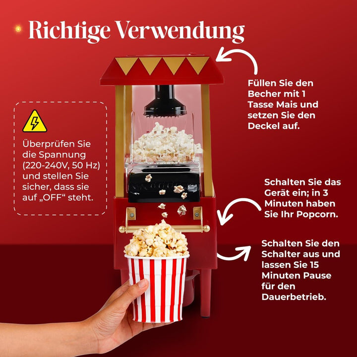 NK Retro Popcornmaschine, elektrisch, 1200 W, einfach zu bedienender Knopf, Zubereitung in 2 Minuten
