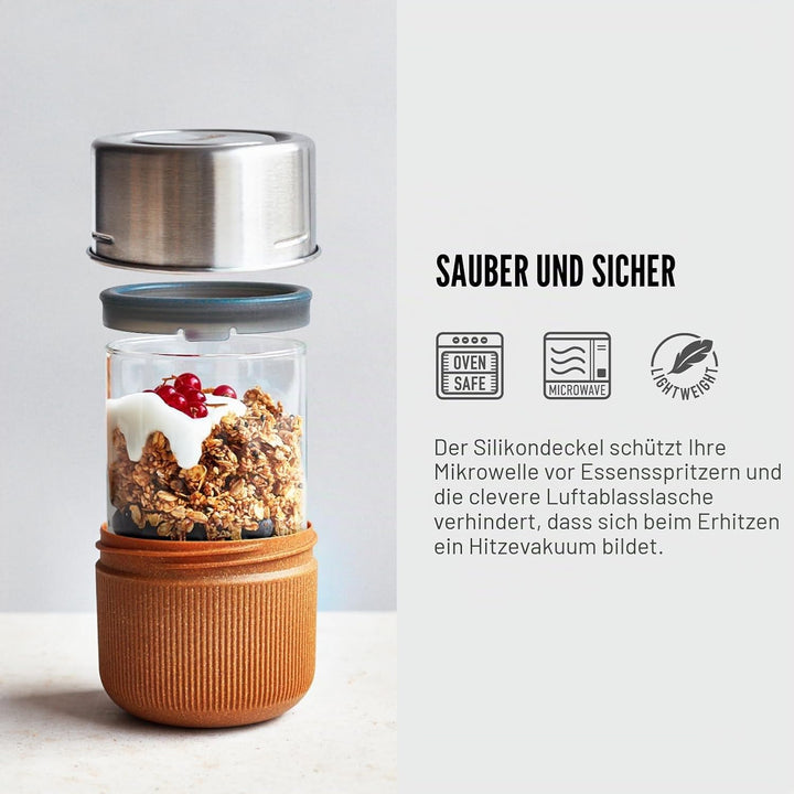 BLACK + BLUM Lunchschale aus Glas, Mandel, 450 ml, Borosilikatglas mit Schutzhülle aus nachhaltiger