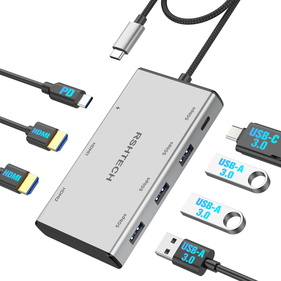 RSHTECH 7-in-1 Dockingstation Laptop 2 Monitore 4k@60Hz - USB C Docking Station Dual HDMI - 100W PD,