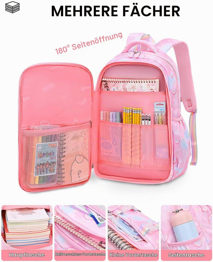 IvyH Kinderrucksack Mädchen Schulrucksack Grosse, Schulranzen Mädchen 2-6. Klasse, Wasserdicht Rucks