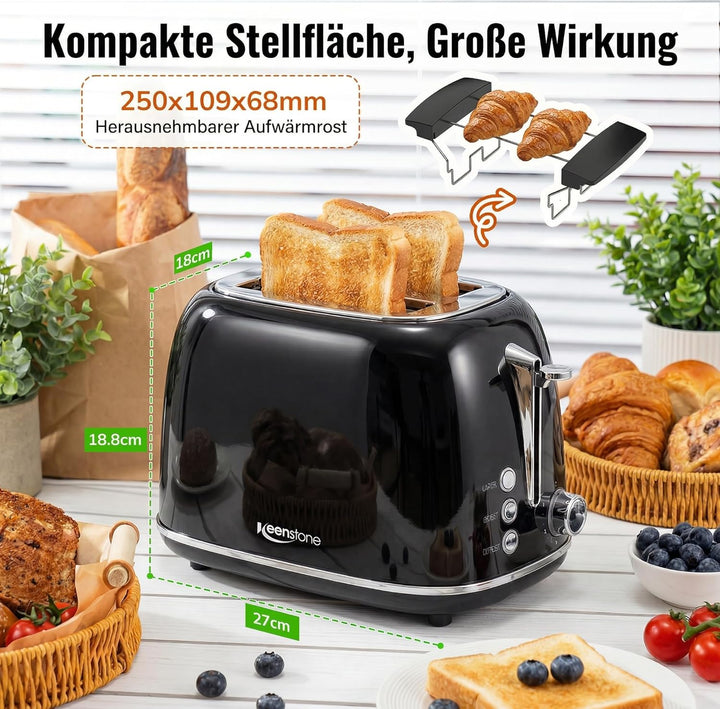 Keenstone Toaster 2 Scheiben, Retro Edelstahl Toaster mit breitem Schlitz, 6 Bräunungsstufen, mit Wa