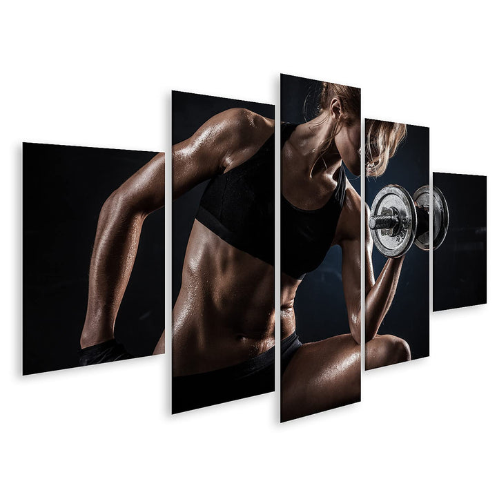 Bild auf Leinwand Fitness Hanteln Brutal Athletische Frau Pumping Up Muskeln Wandbild Poster Kunstdr