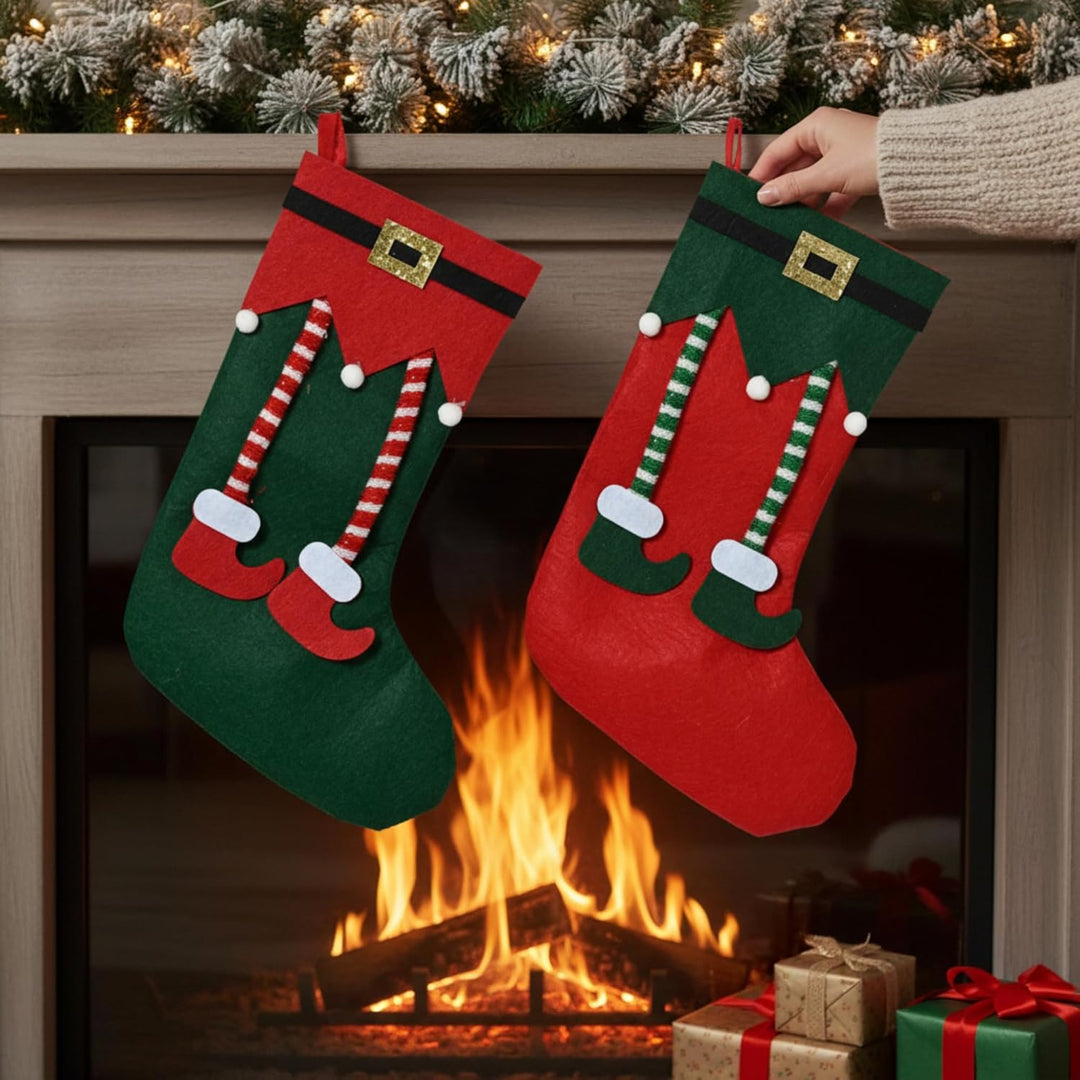 MIJOMA Weihnachtsstrümpfe 2er Set – dekorative Filz-Socken mit Elfen-Design zum Befüllen & Aufhängen