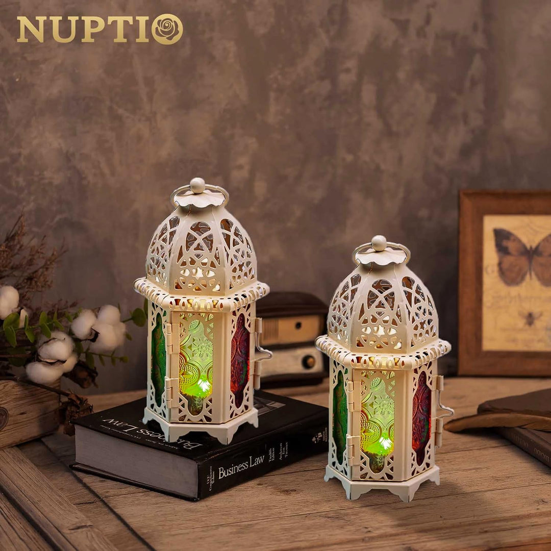 Nuptio 2 Stück Marokkanischen Stil Kerze Laterne, Kleine Teelichthalter mit Bunten Glasscheiben Idea