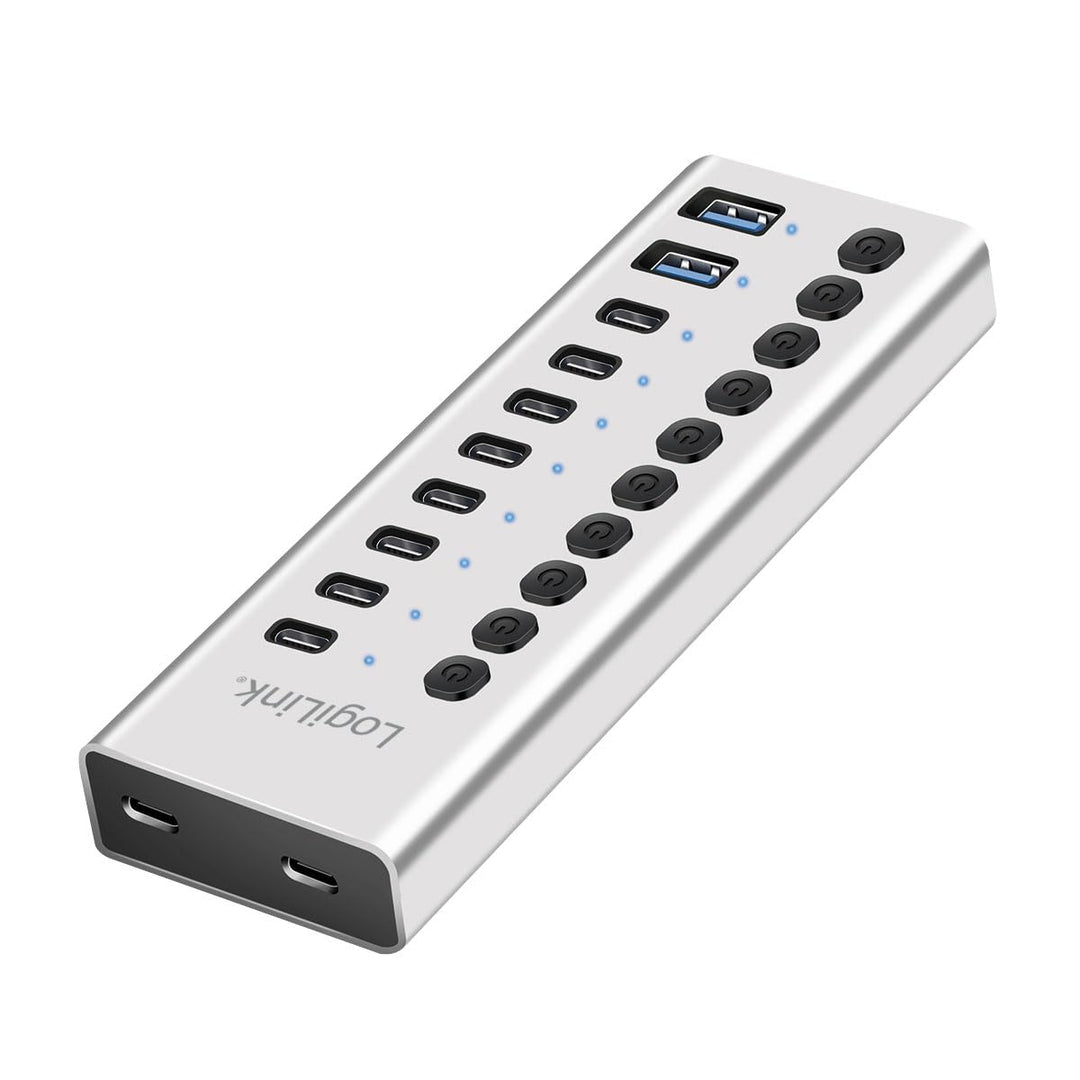 LogiLink UA0448 - USB 3.2 Gen1 Hub mit 10-Ports und Kabel/Adapter, USB Typ A und USB Typ C, EIN-/Aus