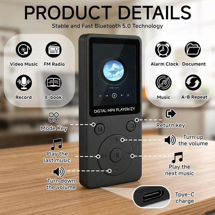 32GB MP3 Player Bluetooth 5.0 mit Lautsprecher für Sportler, 1,8" Bildschirm Musikplayer HiFi mit Vi