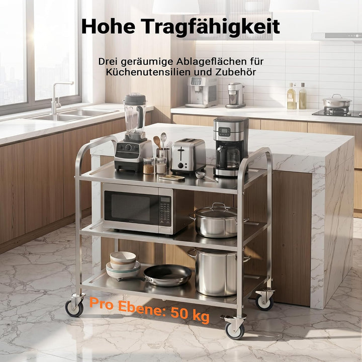 Wiltec Edelstahl Servierwagen 3 Etagen bis 150kg Küchenwagen Rollwagen Leichtlaufräder mit Bremsen,